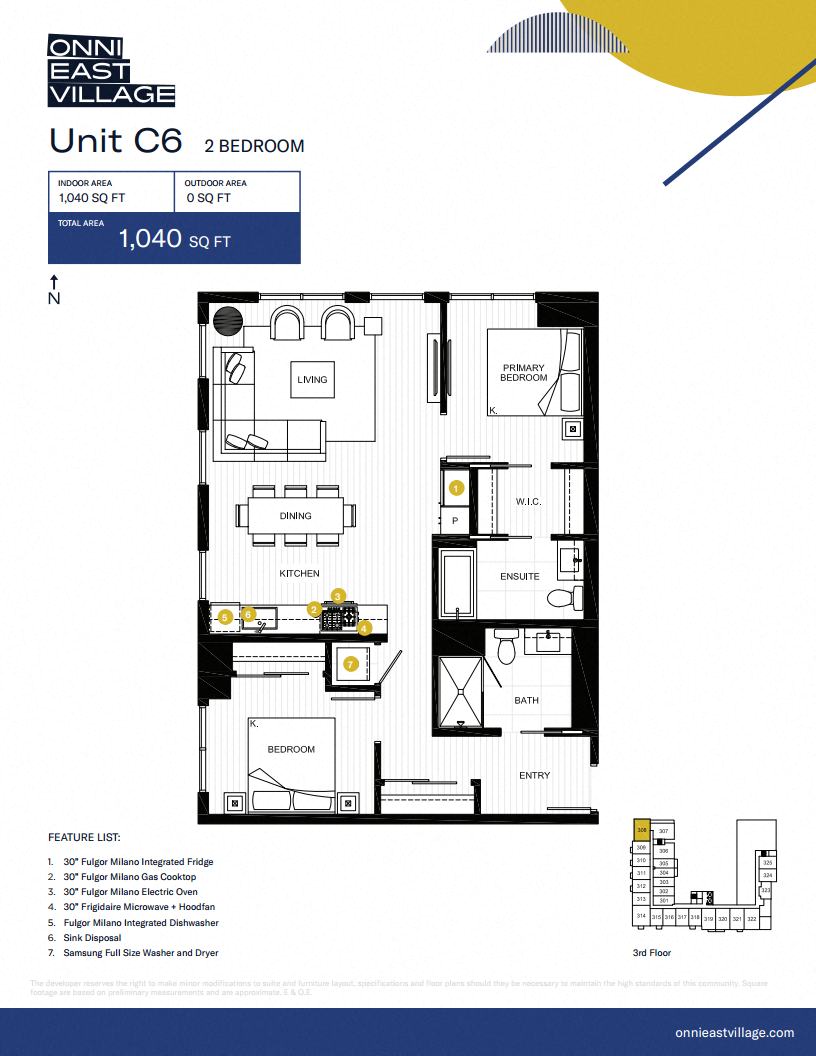 Floor plan for 2 beds, 2 baths, 1040 sqft